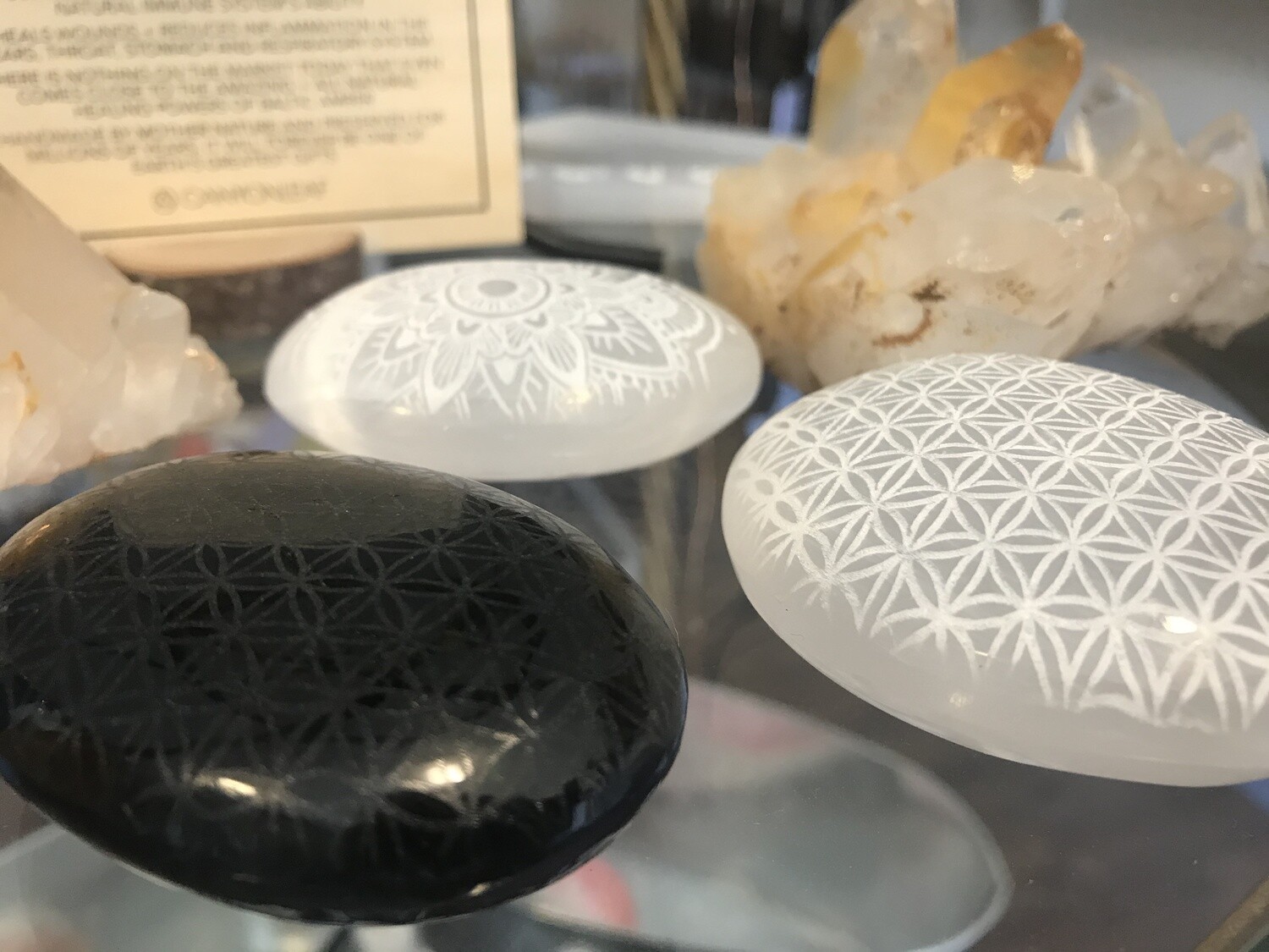 Obsidian Engraved Palm Stones - Flower of Life