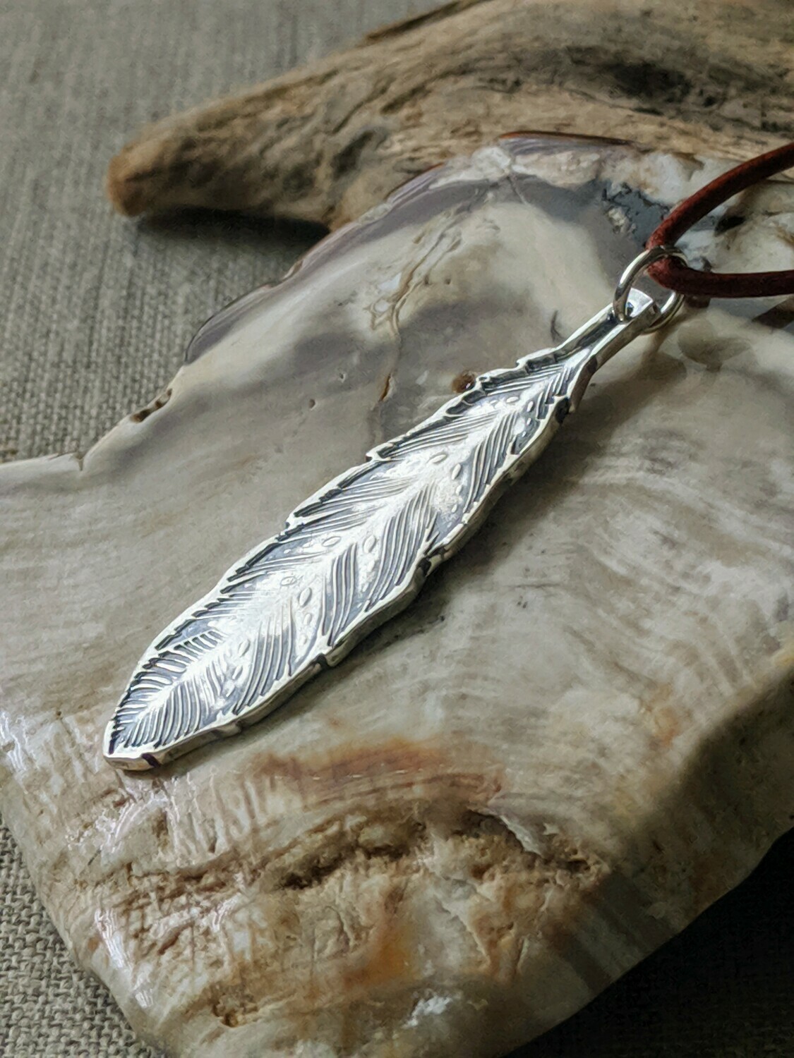 Eagle Feather Pendant w/ Turquoise on leather by Seaside Silver