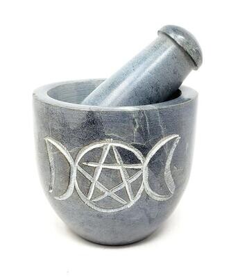 Triple Moon Pentagram Carved Mortar and Pestle (sm)