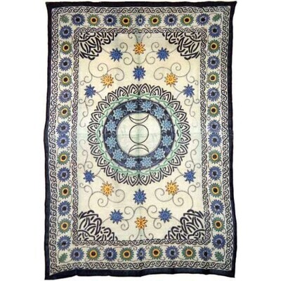 Floral Triple Moon Tapestry, 72x108 golden, blue, green flowers