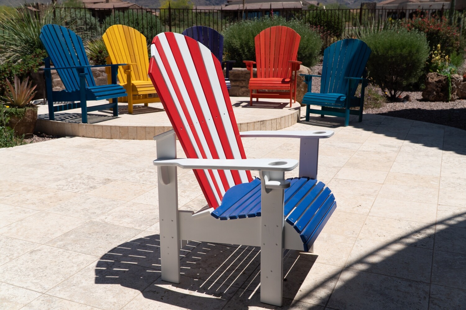 red white and blue adirondack chairs