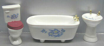 Porcelain Bathroom Set - Blue Floral - 3 Piece