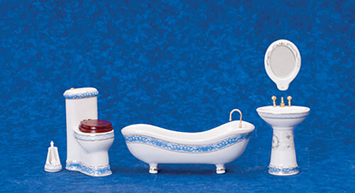 Bathroom Set 5/Pc, White with Blue Design