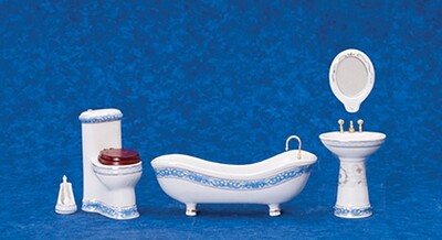 Bathroom Set 5/Pc, White with Blue Design