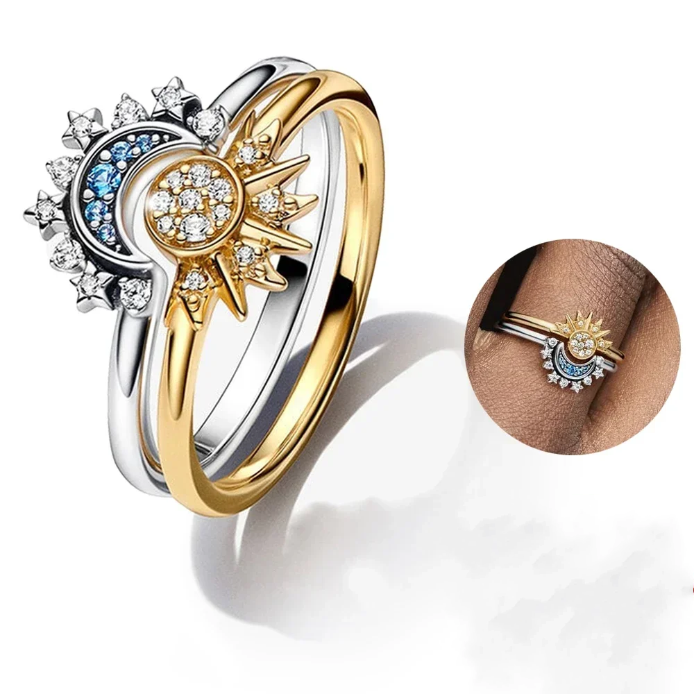 Celestial Blue Sparkling Sun &amp; Moon Ring Set, Gem Color: sun and moon set, Ring Size: 5