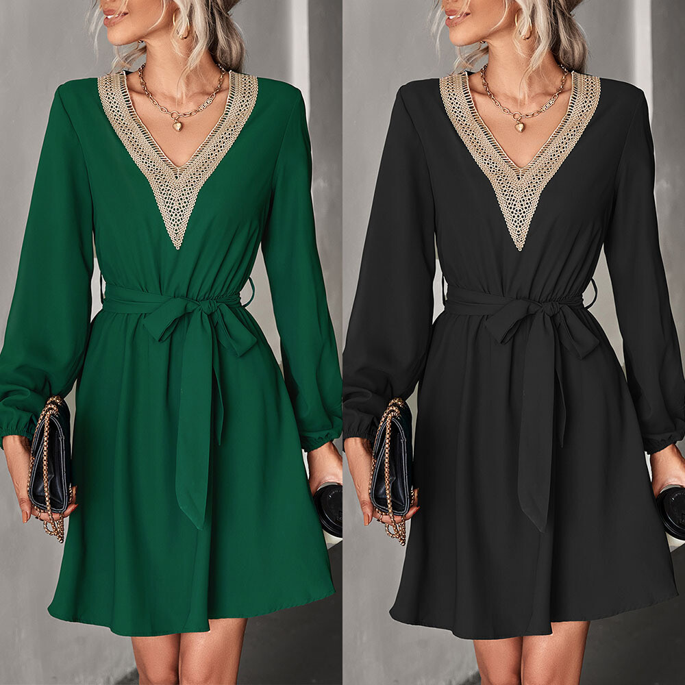 HUBERY Women V Neck Tie Waist Mini Dress