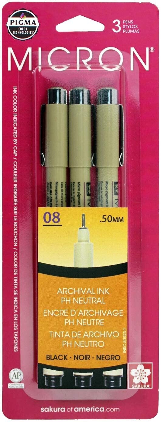 Sakura 50023 Pigma Micron Pens - Set of 3, Black, 08