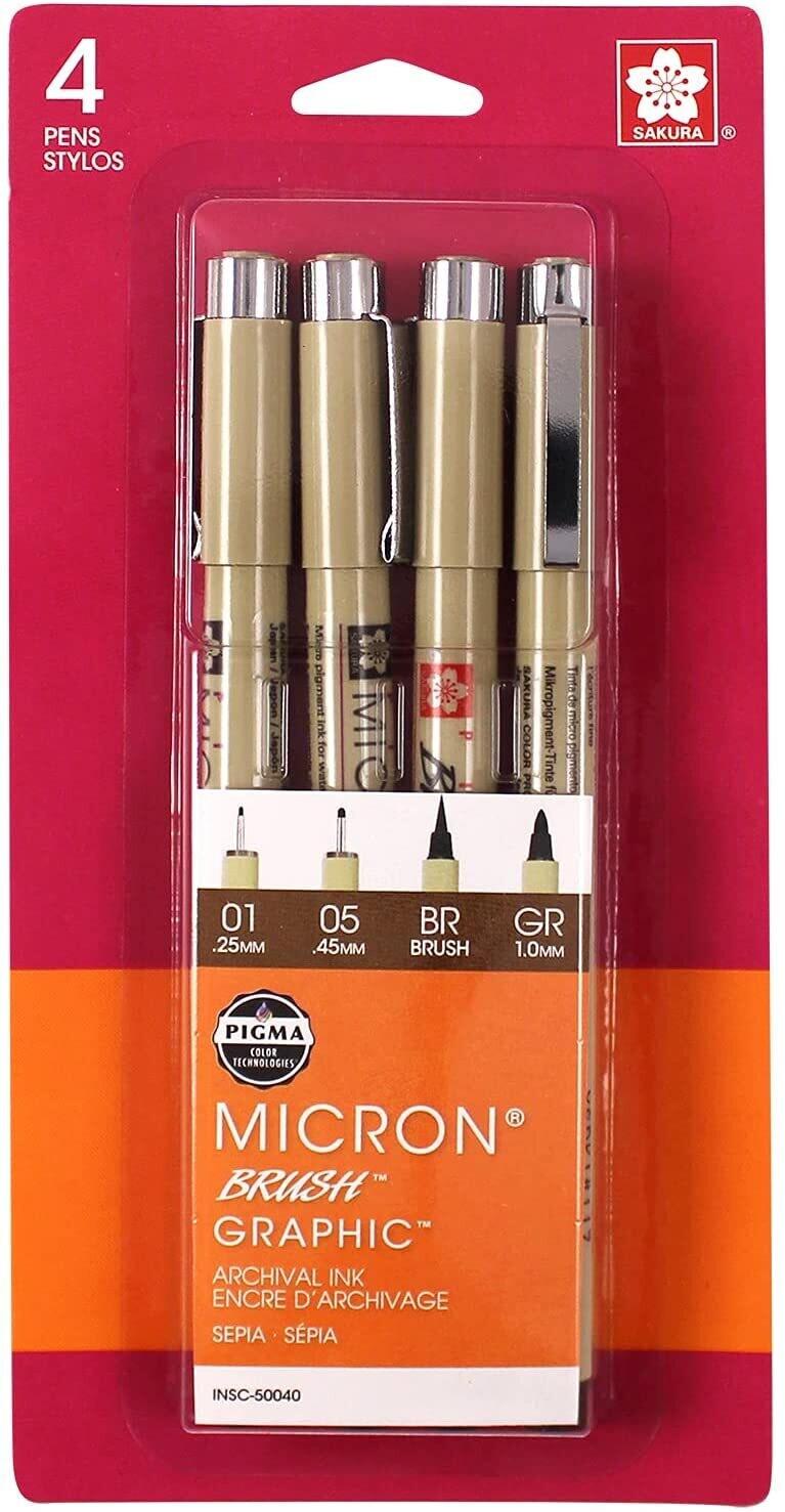 Sakura 50040 Pigma Micron Blister Card Ink Pen Set, Sepia, Pigma 4CT Set