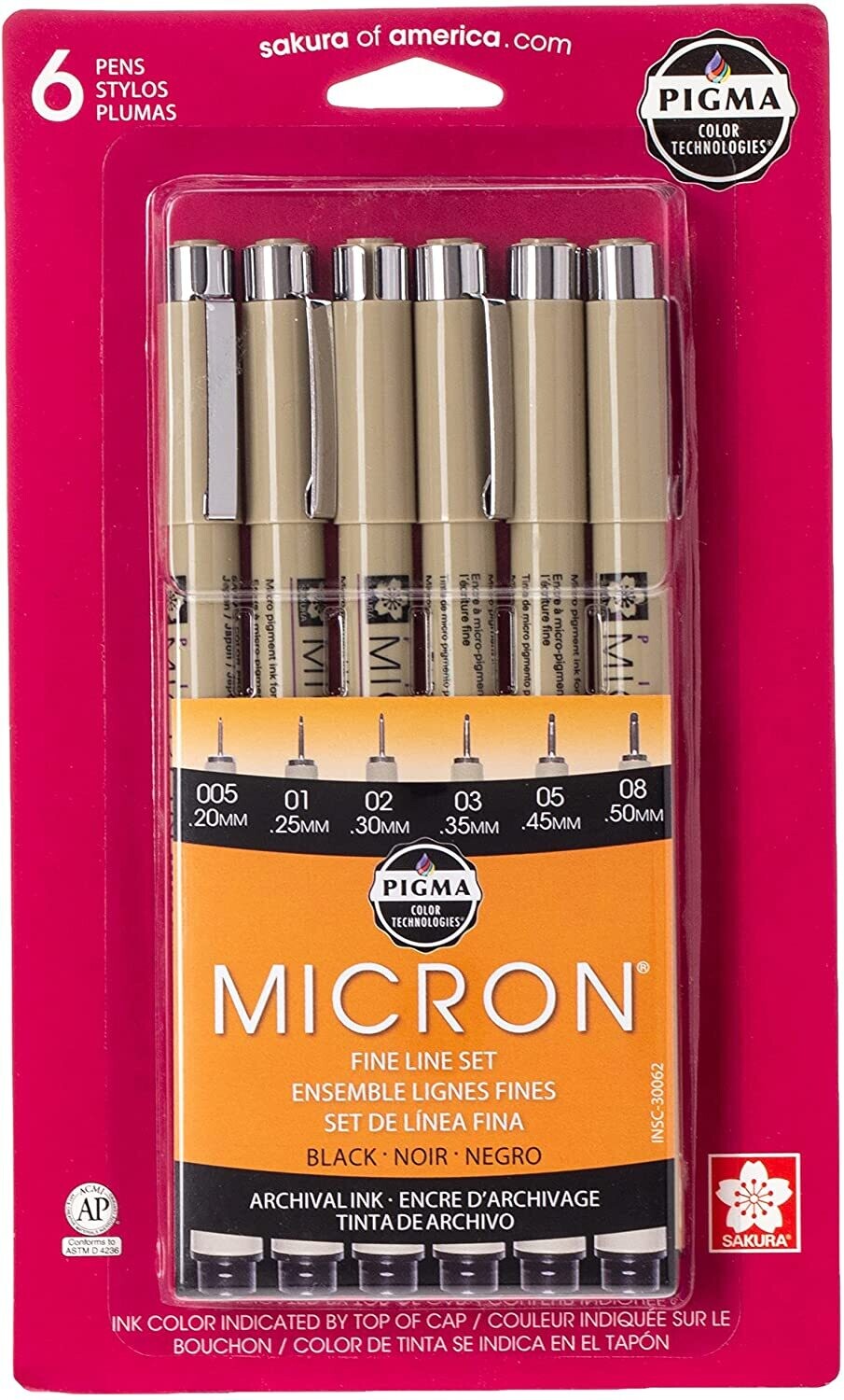 Sakura 30062 Pigma Micron Blister Card Ink Pen Set, Black, Ass&#39;t Point Sizes 6CT Set
