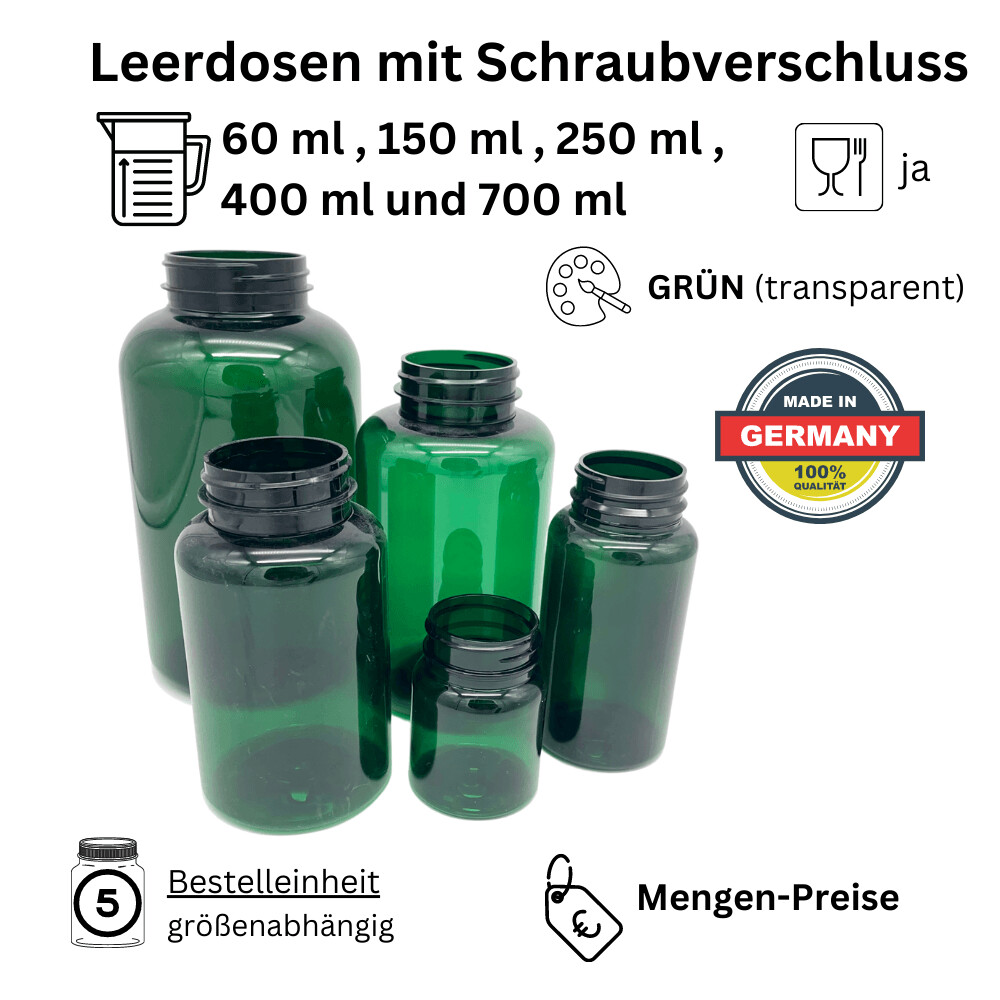 Leer-Dosen (grün) mit Verschluss (versch. Größen) Leer-Dosen (grün) mit Verschluss (versch. Größen)