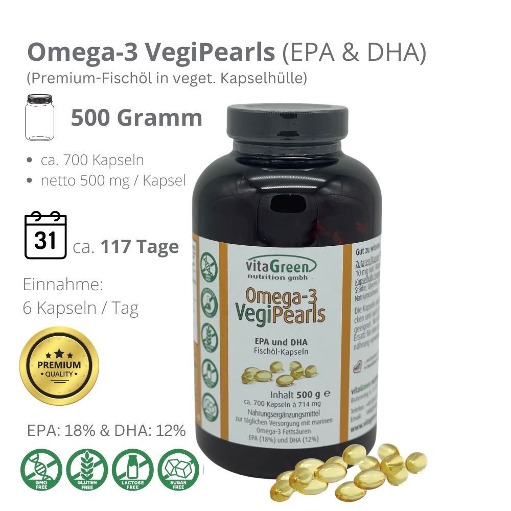 OMEGA-3 VegiPearls, Premium Fischöl, Größe: 500 Gramm