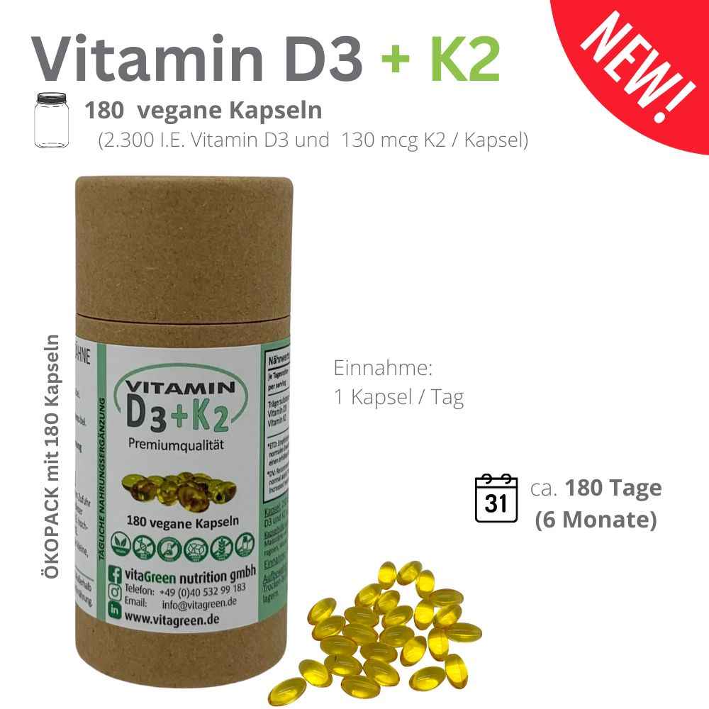 Vitamin D3 + Vitamin K2 als Kapsel, Packungsgröße: 180 Kapseln (= 16,61 € / 100 Kapseln)