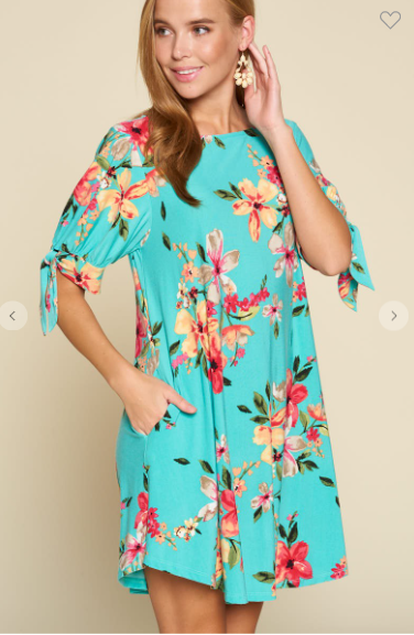 Floral Printed Swing Dress With Tied Sleeves Floral Printed Swing Dress With Tied Sleeves
