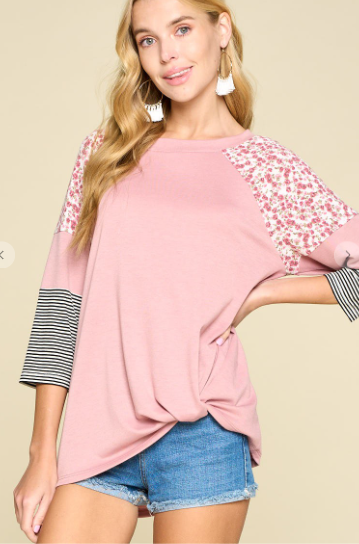 Floral and Stripes Side Twist Top Floral and Stripes Side Twist Top
