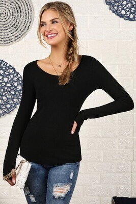 Cozy Black Long Sleeve Round Neck Top With Thumb Holes