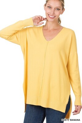 Hi Lo Split Hem V Neck Sweater - Yellow