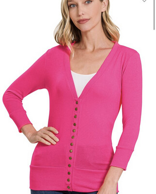 Snap Button Cardigan 3/4 Sleeve - Hot Pink
