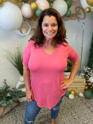 V Neck Hi Low Hem Tee - Rose Pink V Neck Hi Low Hem Tee - Rose Pink