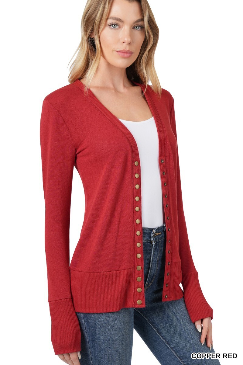 Snap Button Cardigan Long Sleeve - Copper Red
