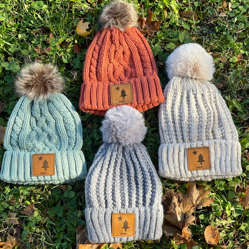 Original Maine Flag Leather Patch Hat -Pom Beanie

