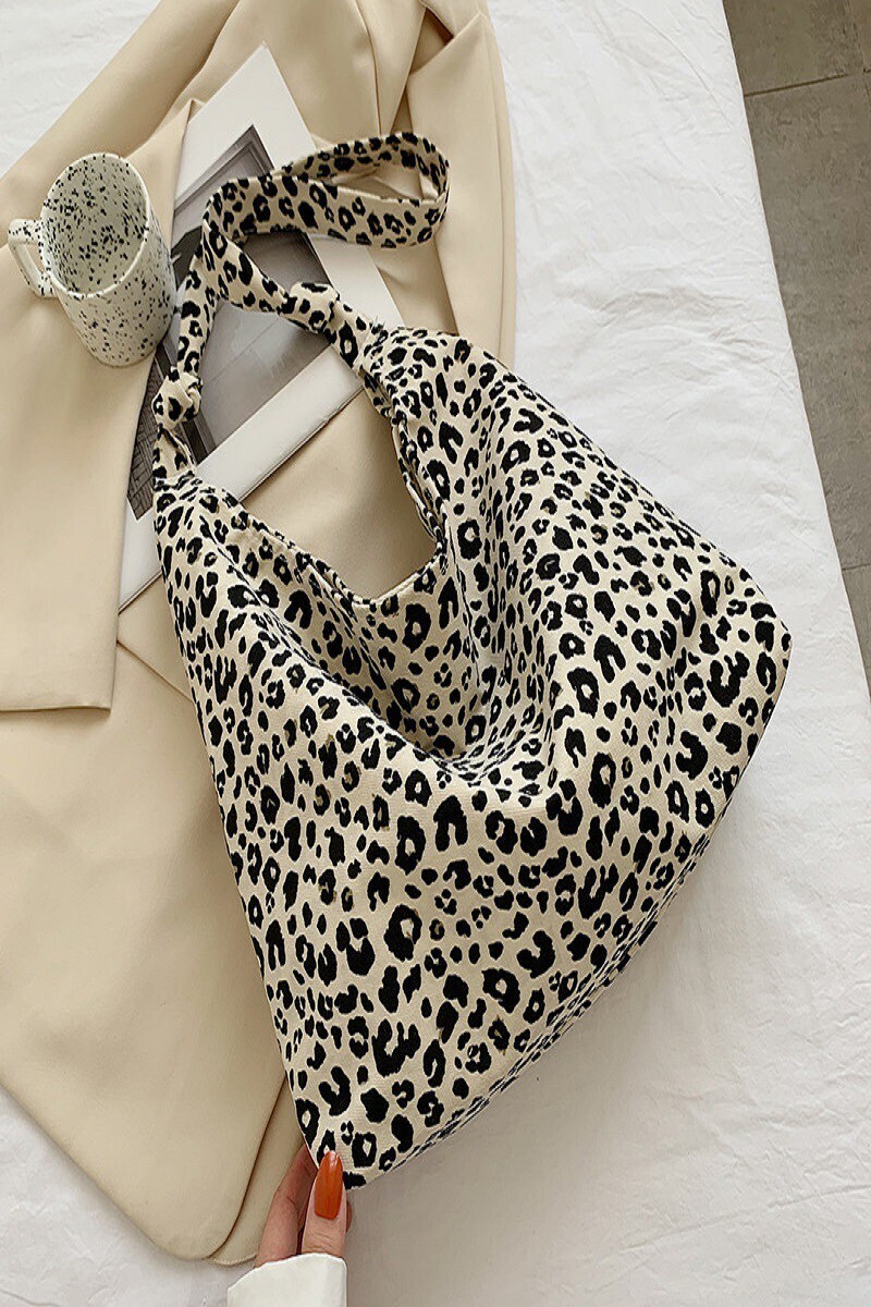 LEOPARD PRINT SHOULDER CANVAS SHOPPING TOTE BAG - black/ivory
