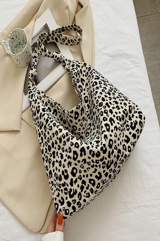 LEOPARD PRINT SHOULDER CANVAS SHOPPING TOTE BAG - black/ivory
