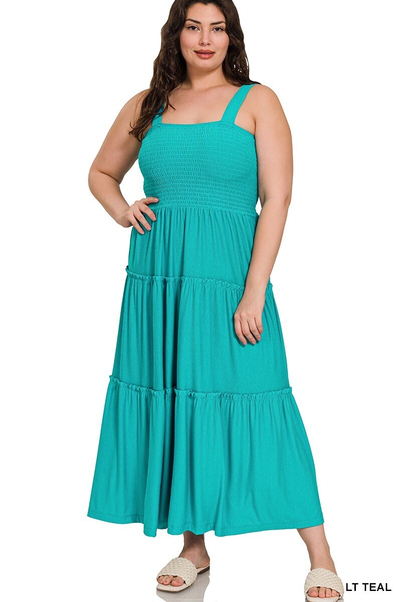 Island Dreaming Smocked Tiered Midi Dress
Teal
Sizes S-3X