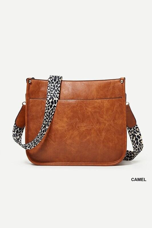 Leopard Strap Cross Body Vegan Leather - Camel