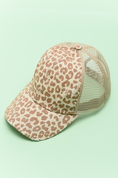 Distressed Leopard Baseball Cap - Beige
