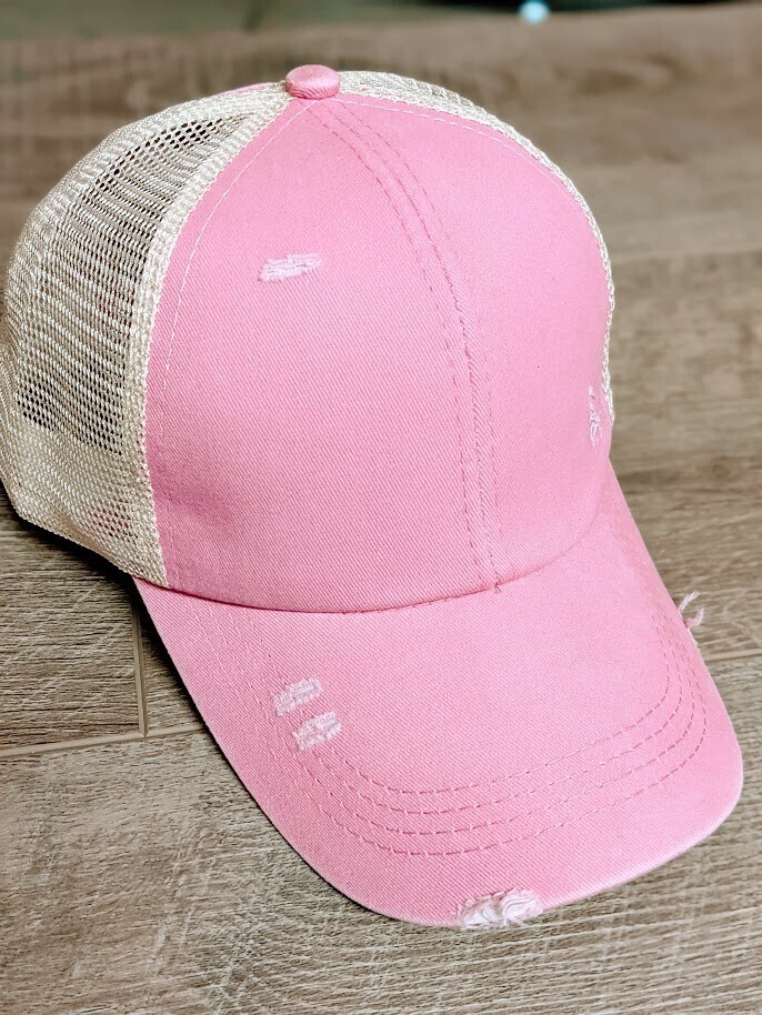 Distressed Baseball Ponytail Hat - Pink

