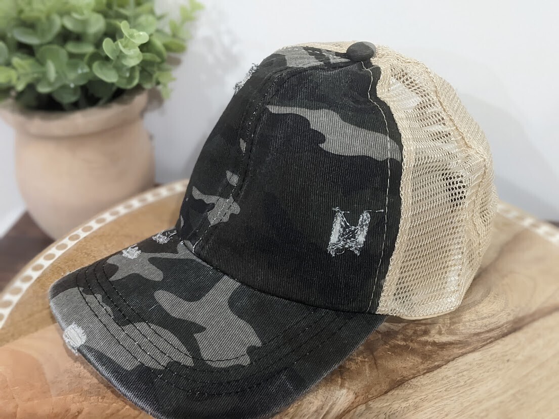 Distressed Baseball Ponytail Hat - Camo