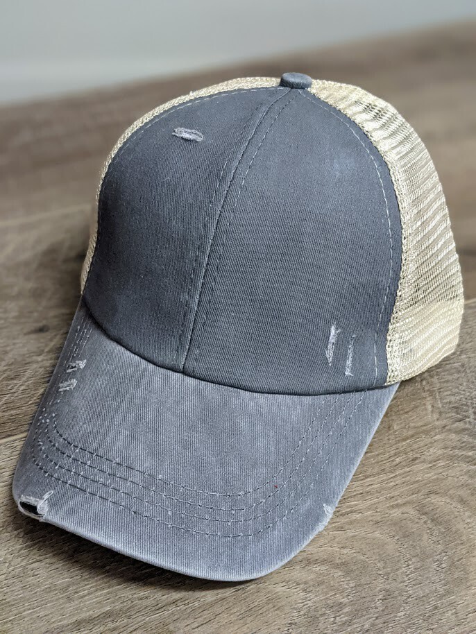 Distressed Baseball Ponytail Hat - Grey Distressed Baseball Ponytail Hat - Grey