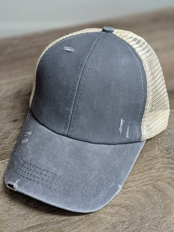 Distressed Baseball Ponytail Hat - Grey
