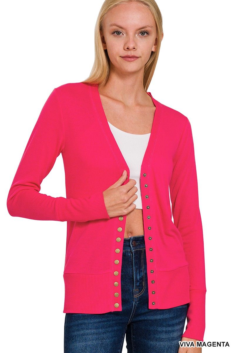 Snap Button Cardigan Long Sleeve - Viva Magenta