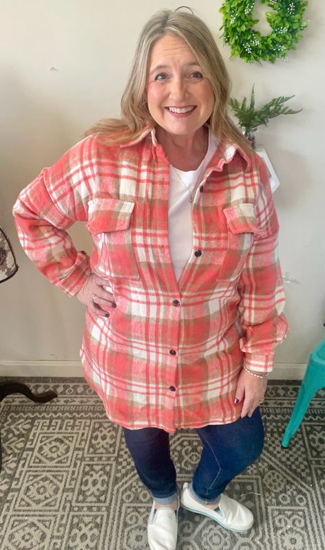 Long Plaid Flannel Shacket - Red
