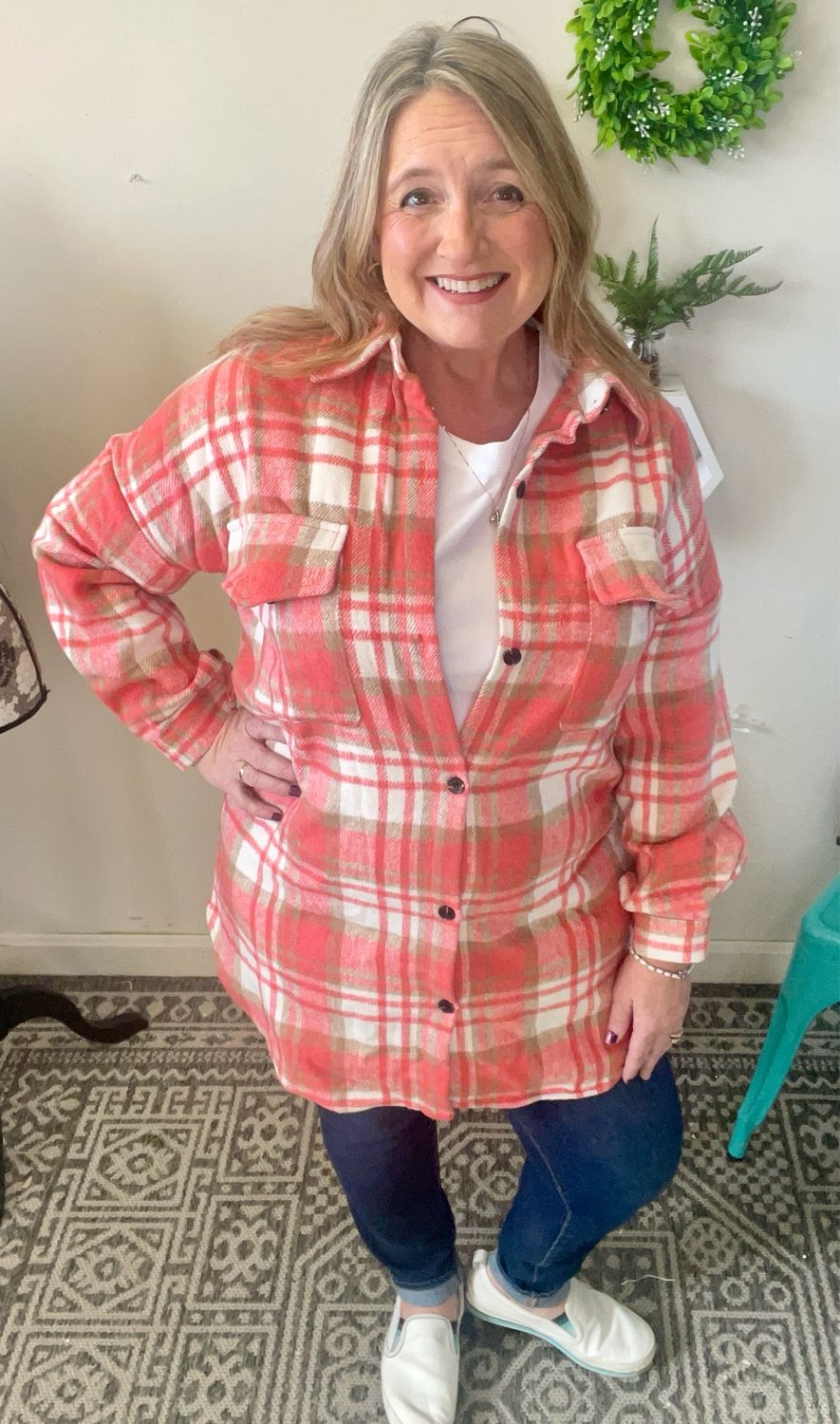 Long Plaid Flannel Shacket - Red
