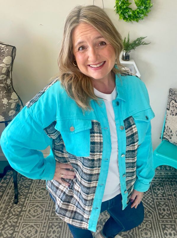 Plaid Patchwork Denim Shacket
