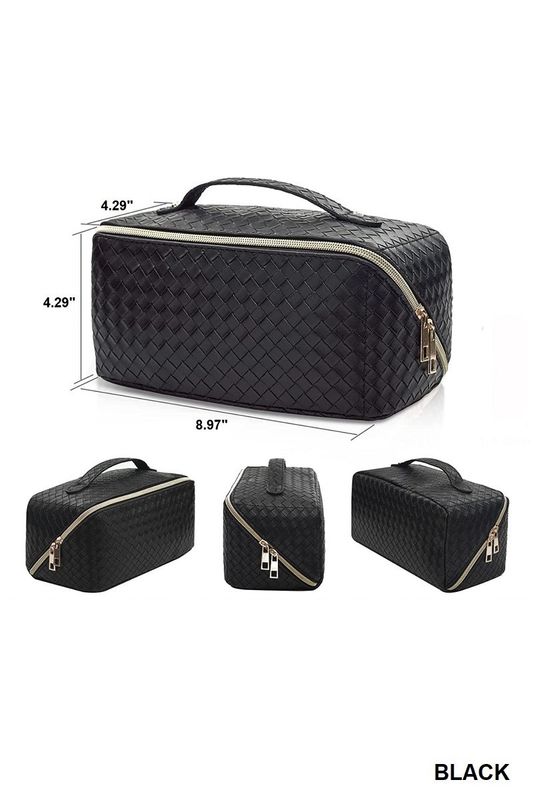 WOVEN VEGAN LEATHER COSMETIC MAKEUP TRAVEL BAG Black
