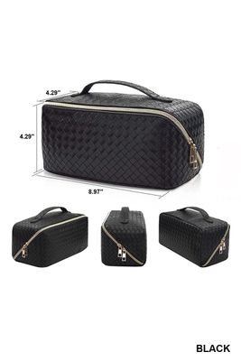 WOVEN VEGAN LEATHER COSMETIC MAKEUP TRAVEL BAG Black
