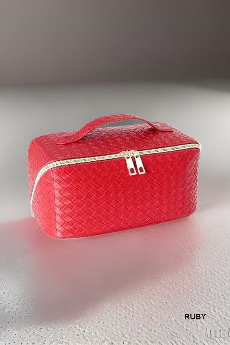 WOVEN VEGAN LEATHER COSMETIC MAKEUP TRAVEL BAG  Red