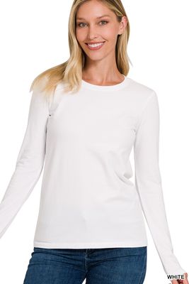 Cotton Crew Neck Long Sleeve T-Shirt White Plus