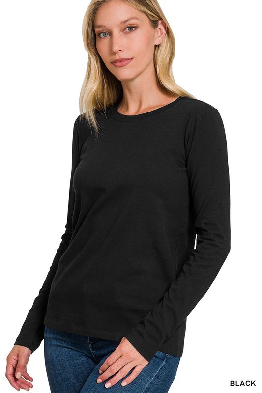 COTTON CREW NECK LONG SLEEVE T-SHIRT Black Plus