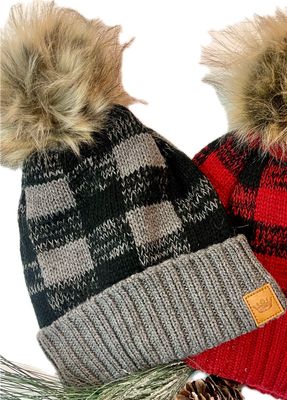 Plaid Pom Beanie - Grey
