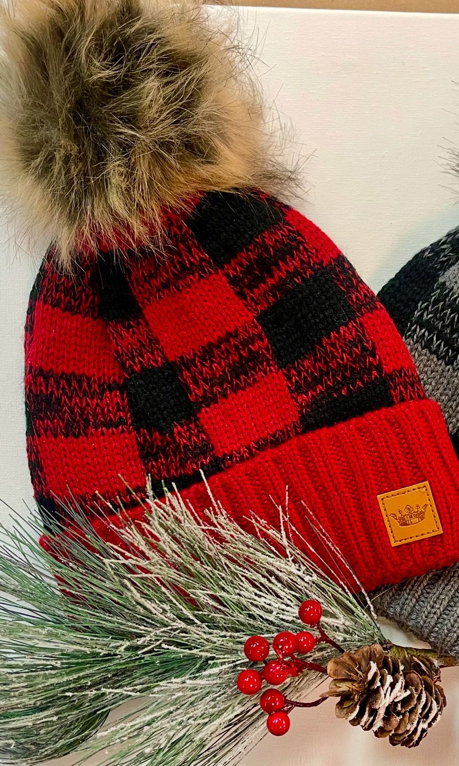 Plaid Pom Beanie - Red