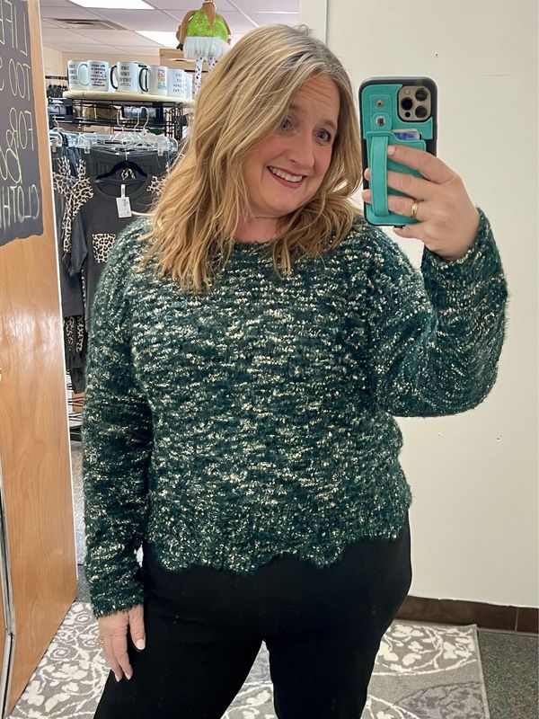 Fuzzy Teal Scalloped Edge Sweater
