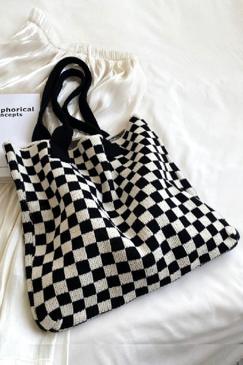 Black and White Checkered Knit Canvas Tote Bag