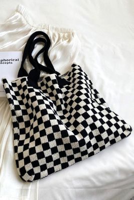 Black and White Checkered Knit Canvas Tote Bag