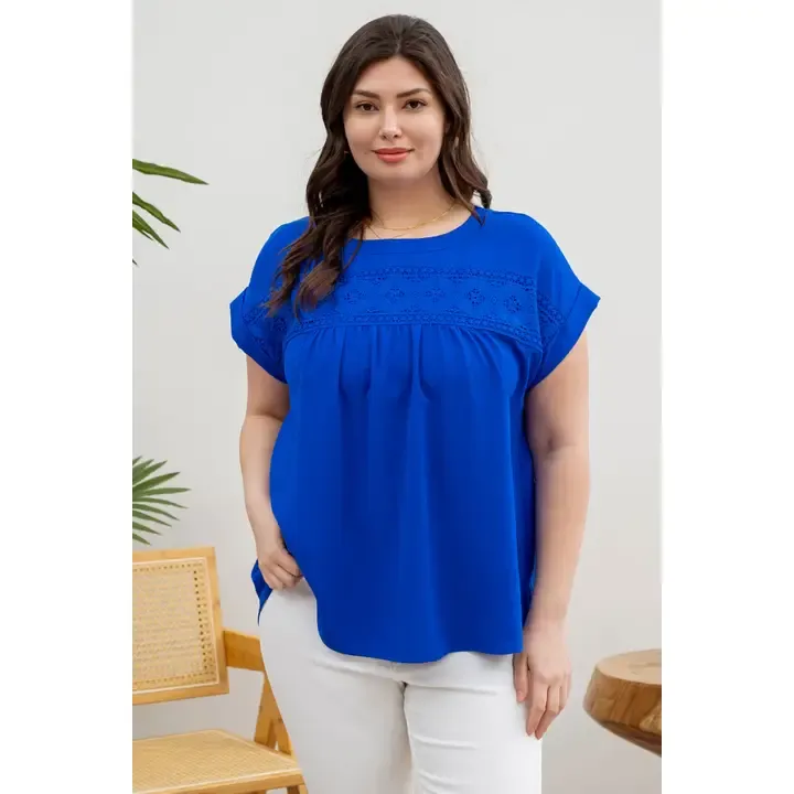 PLUS Blue Eyelet Lace Button Back Blouse