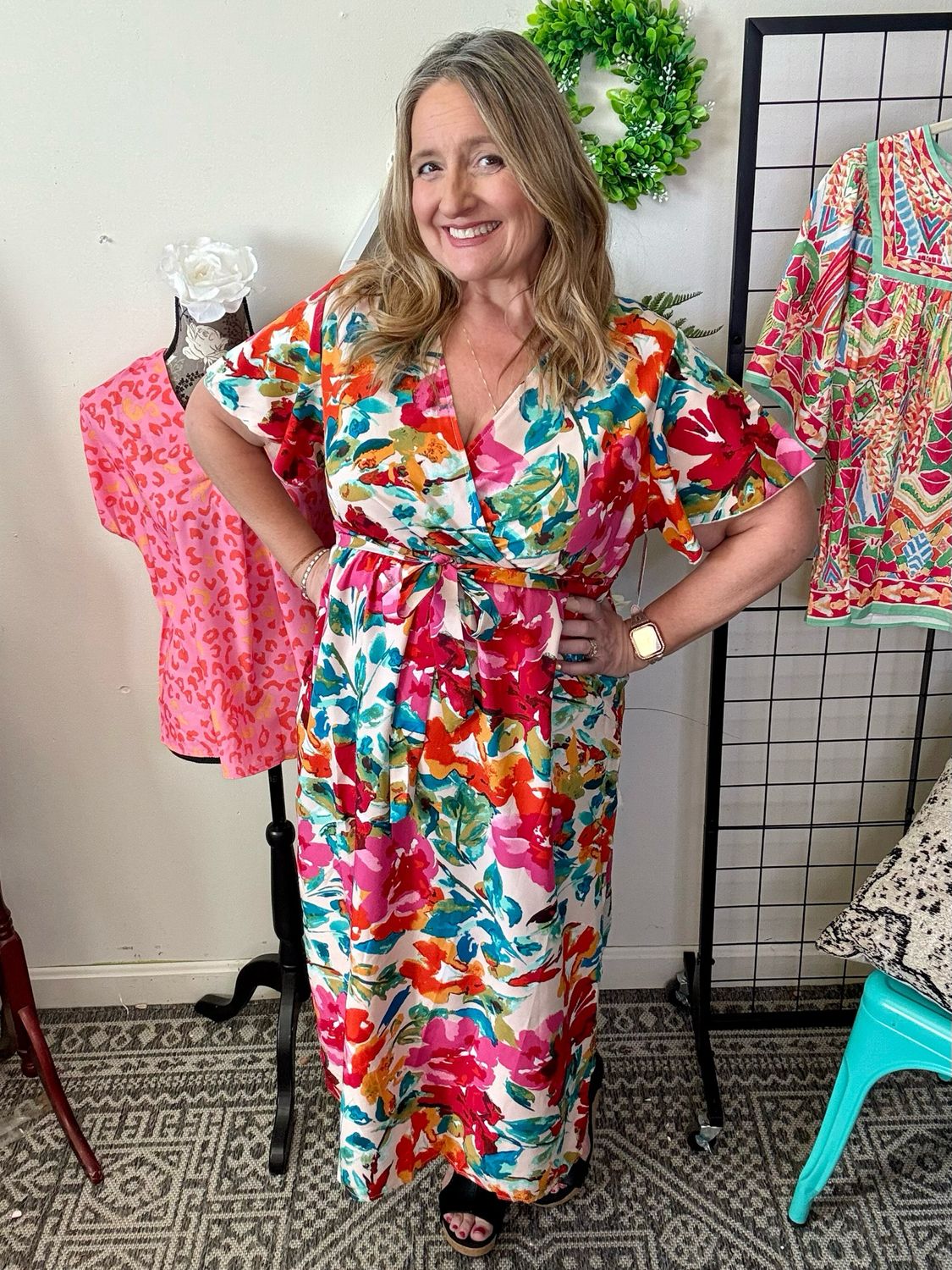 Plus Size Floral Belted Midi Dress