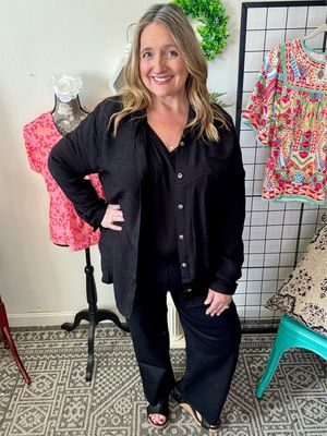 PLUS Black Gauzy Light Weight Button Down Blouse